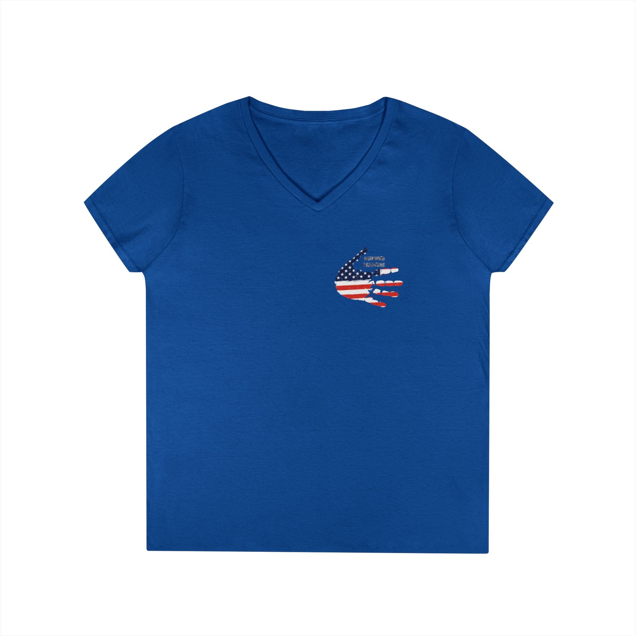 Women's V-Neck Tee - Small American Flag Hand Graphic, Patriotic Fourth of July Shirt