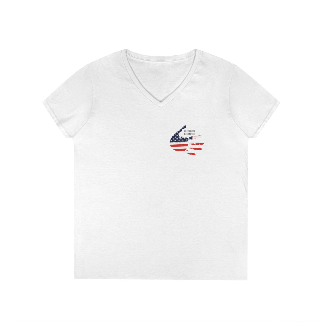 Women's V-Neck Tee - Small American Flag Hand Graphic, Patriotic Fourth of July Shirt