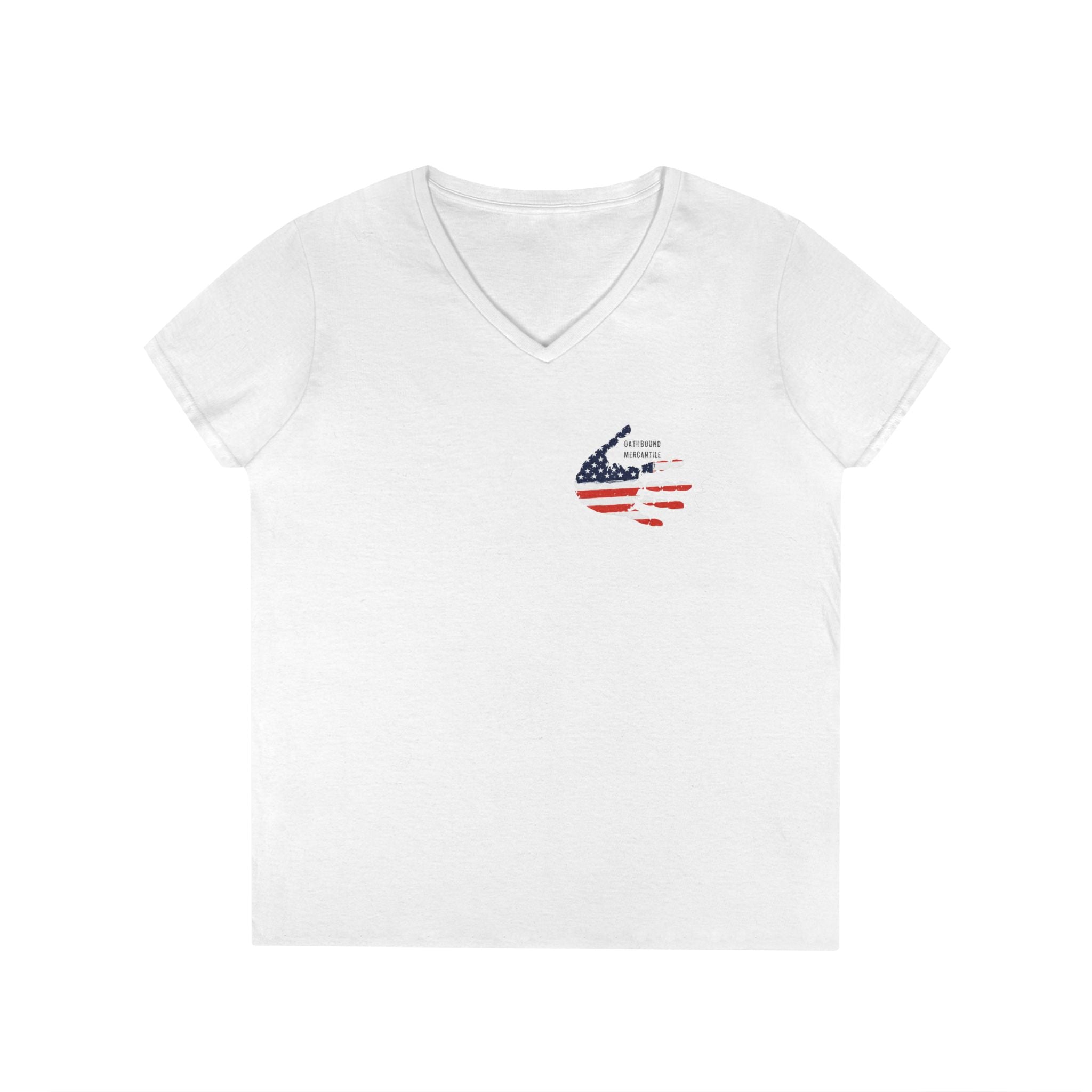 Women's V-Neck Tee - Small American Flag Hand Graphic, Patriotic Fourth of July Shirt