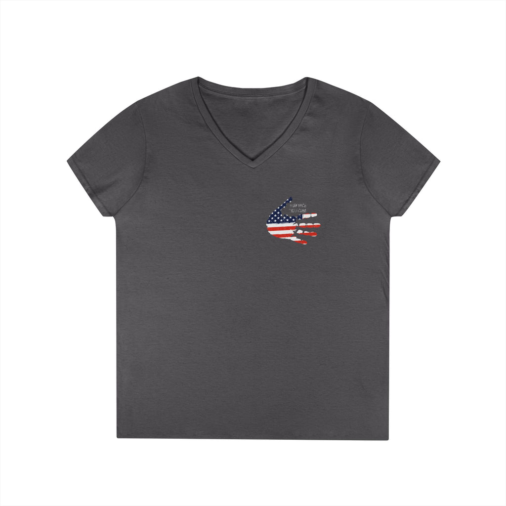 Women's V-Neck Tee - Small American Flag Hand Graphic, Patriotic Fourth of July Shirt