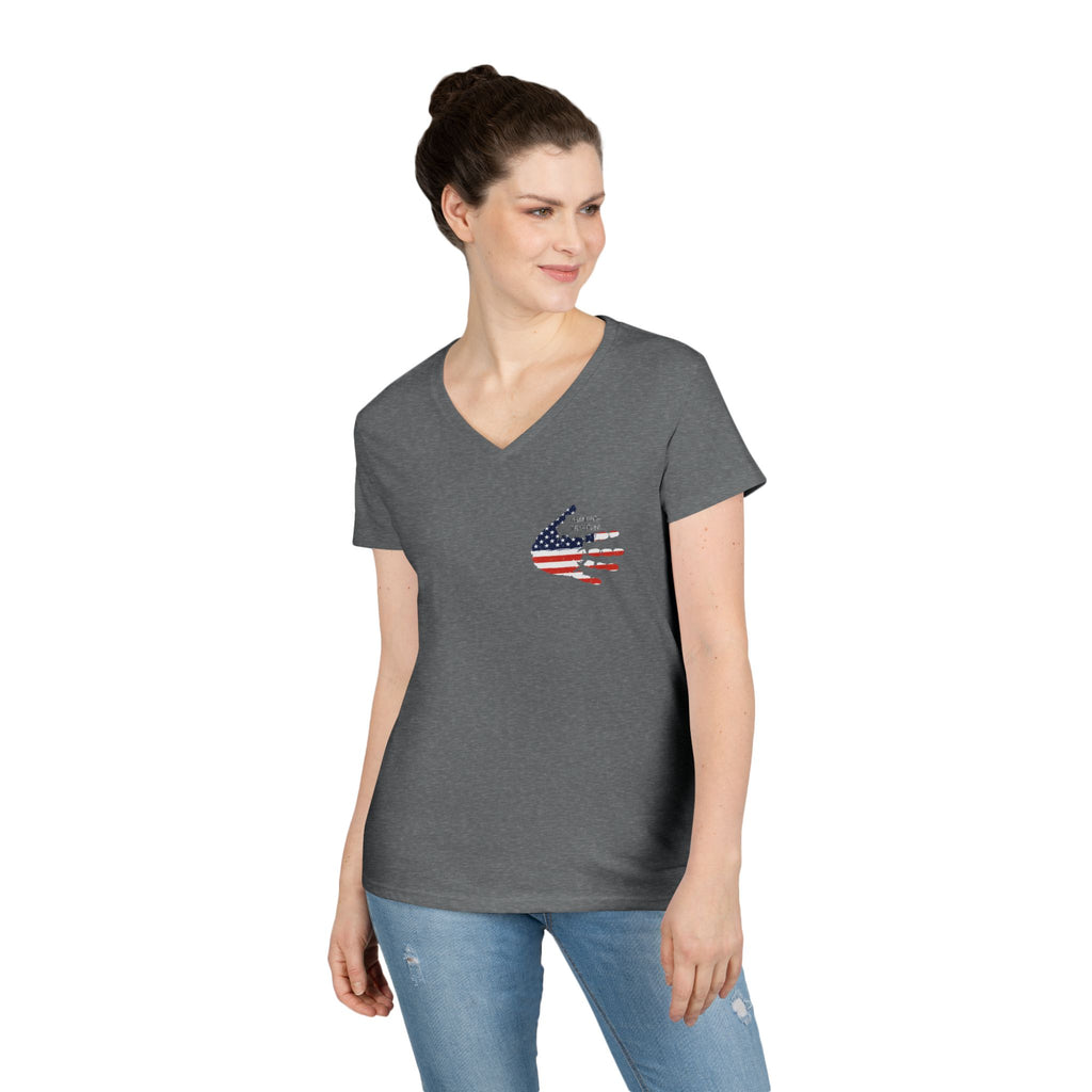 Women's V-Neck Tee - Small American Flag Hand Graphic, Patriotic Fourth of July Shirt