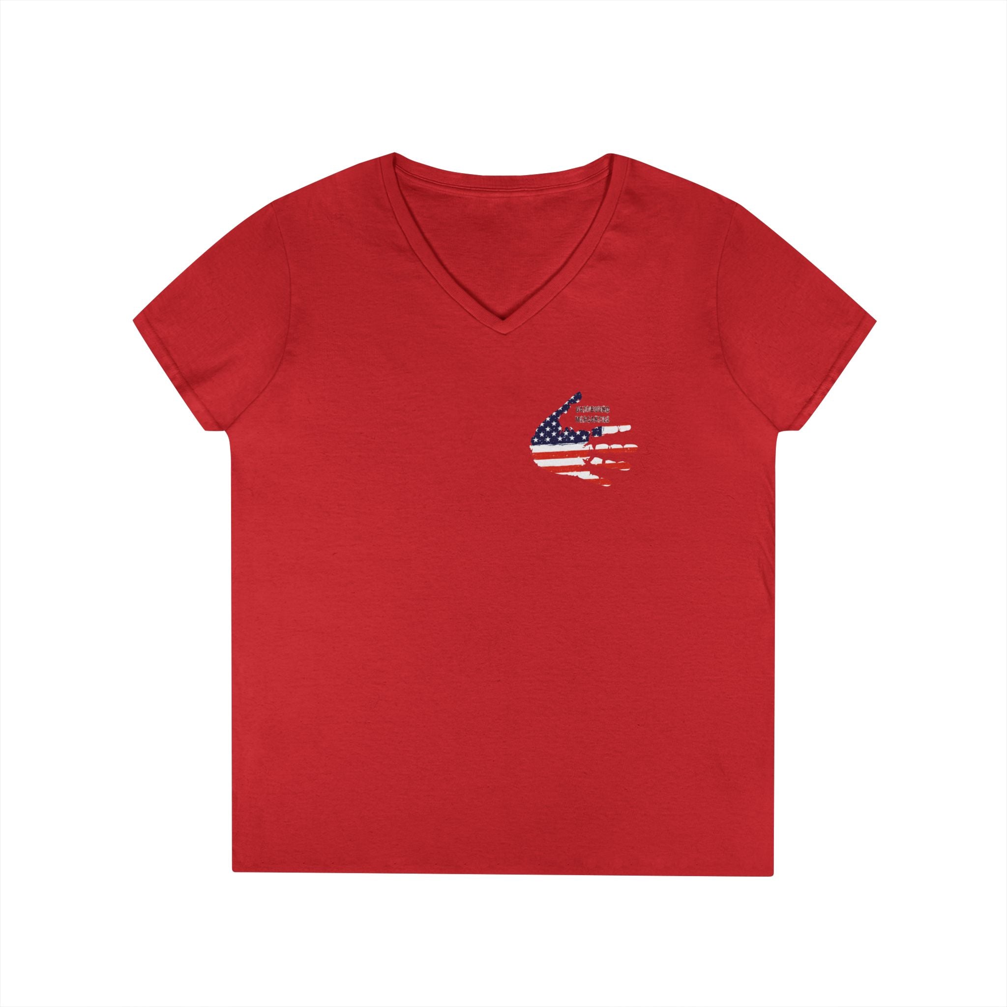 Women's V-Neck Tee - Small American Flag Hand Graphic, Patriotic Fourth of July Shirt