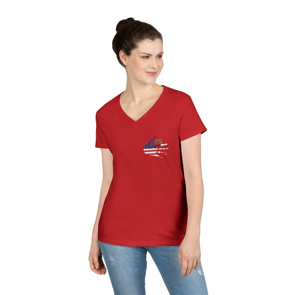 Women's V-Neck Tee - Small American Flag Hand Graphic, Patriotic Fourth of July Shirt