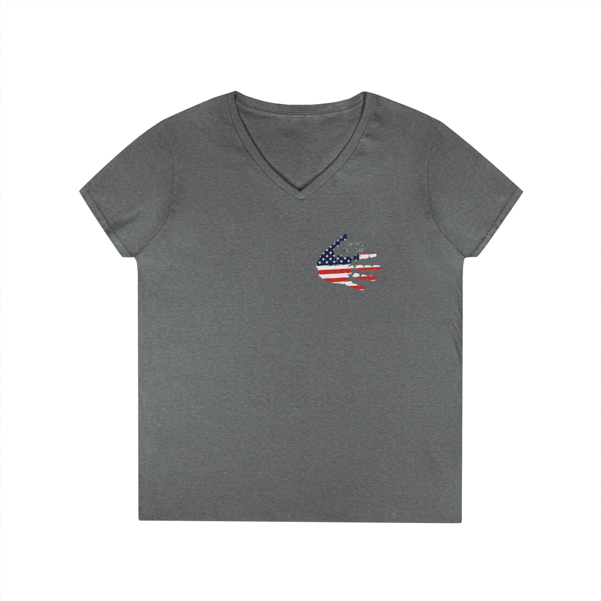 Women's V-Neck Tee - Small American Flag Hand Graphic, Patriotic Fourth of July Shirt