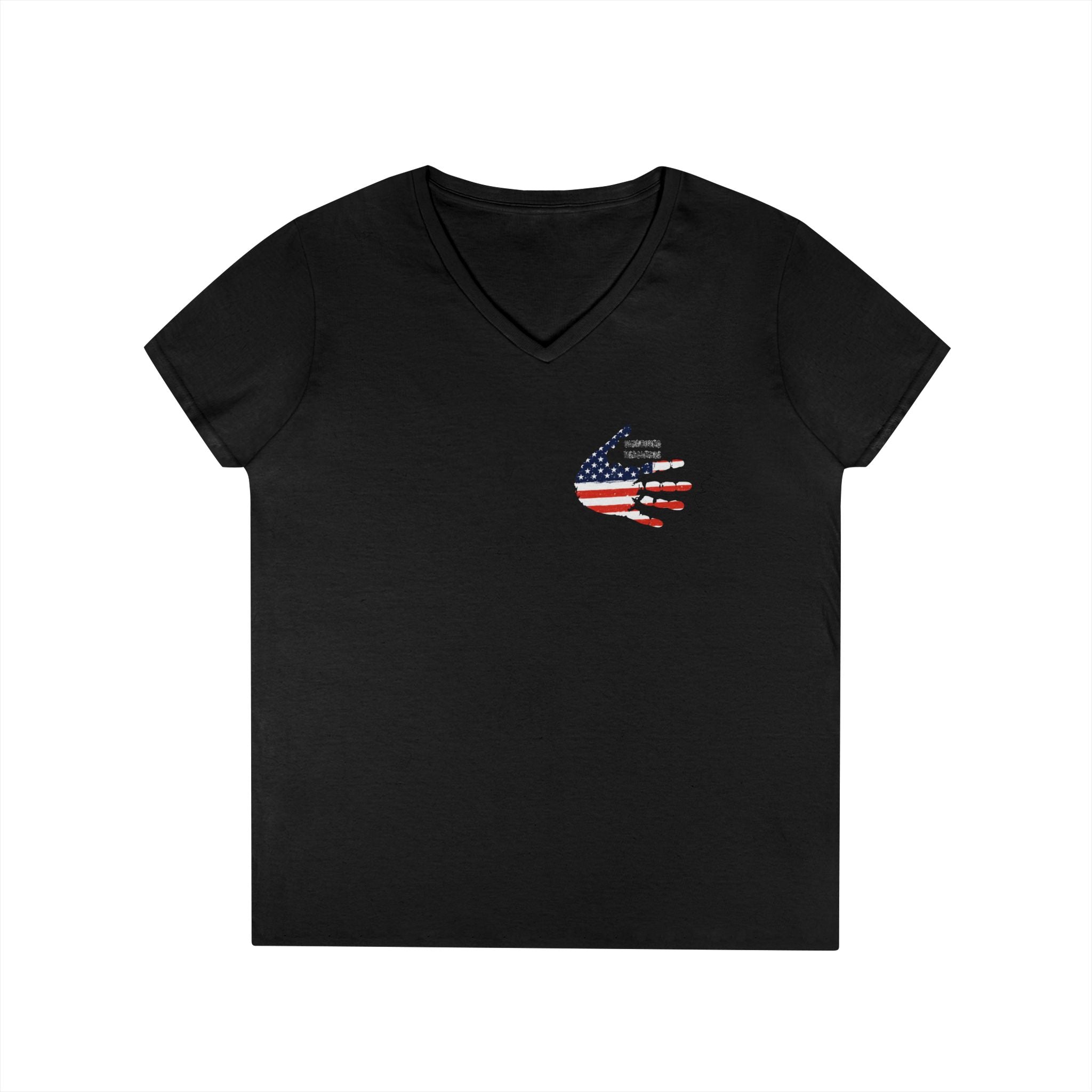 Women's V-Neck Tee - Small American Flag Hand Graphic, Patriotic Fourth of July Shirt