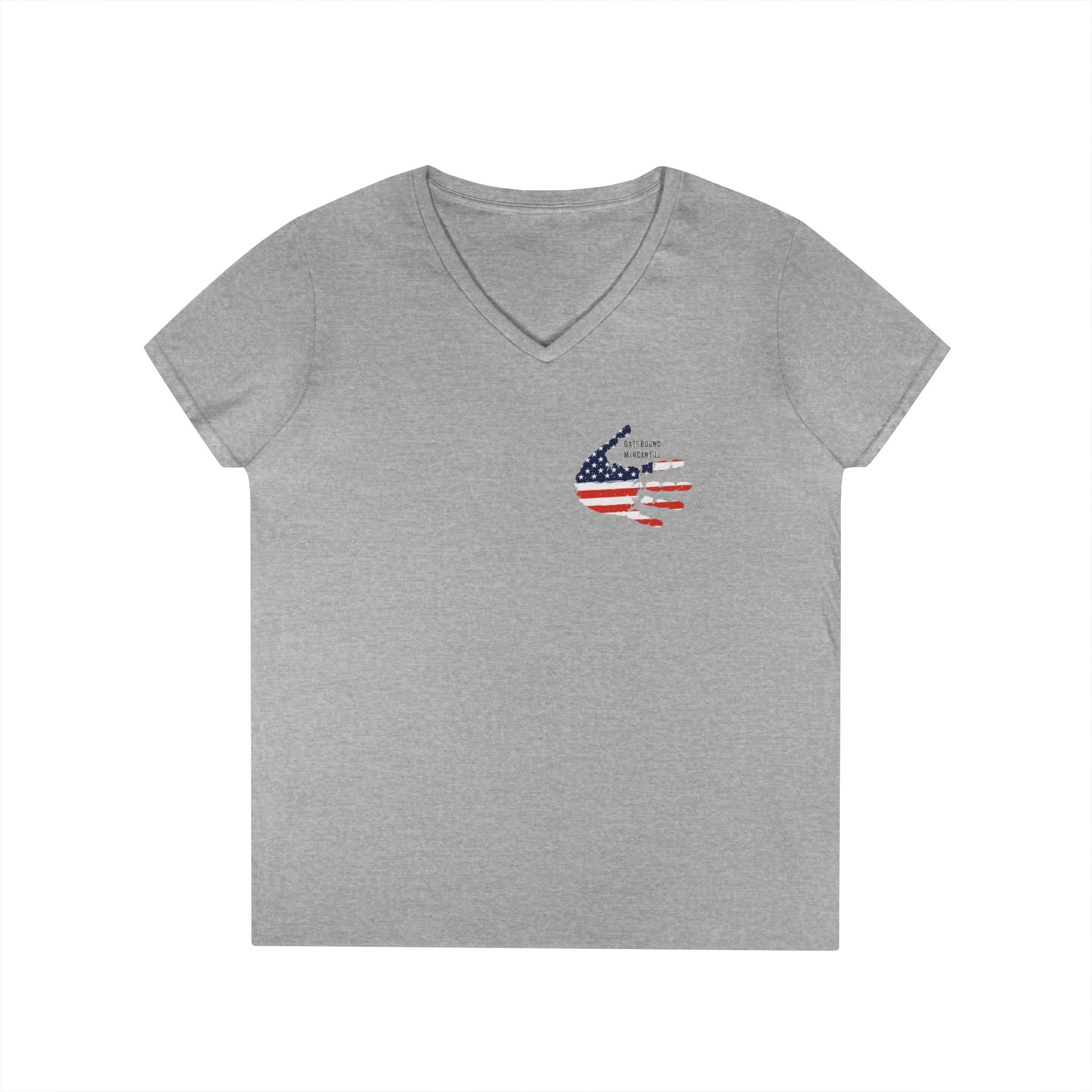 Women's V-Neck Tee - Small American Flag Hand Graphic, Patriotic Fourth of July Shirt