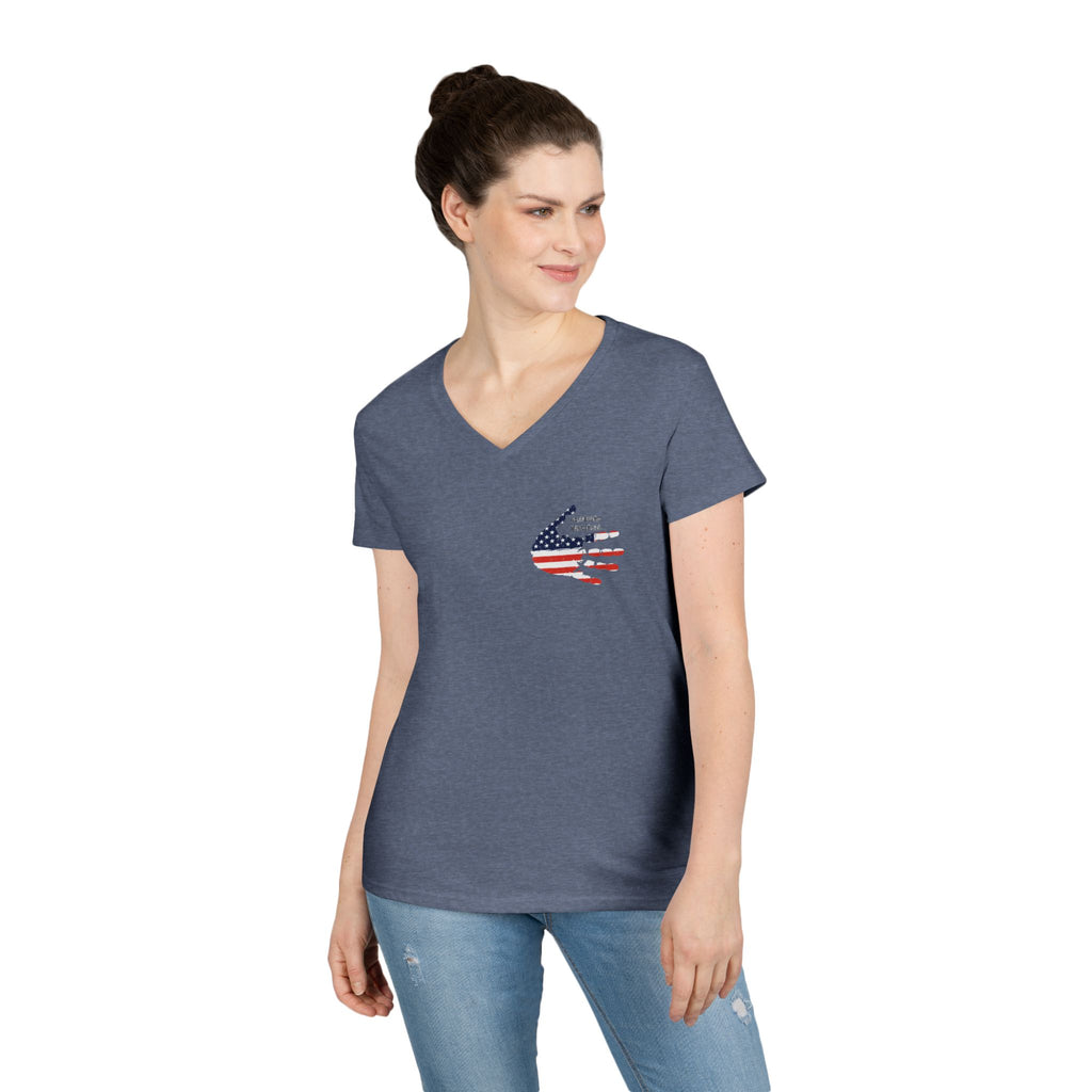Women's V-Neck Tee - Small American Flag Hand Graphic, Patriotic Fourth of July Shirt
