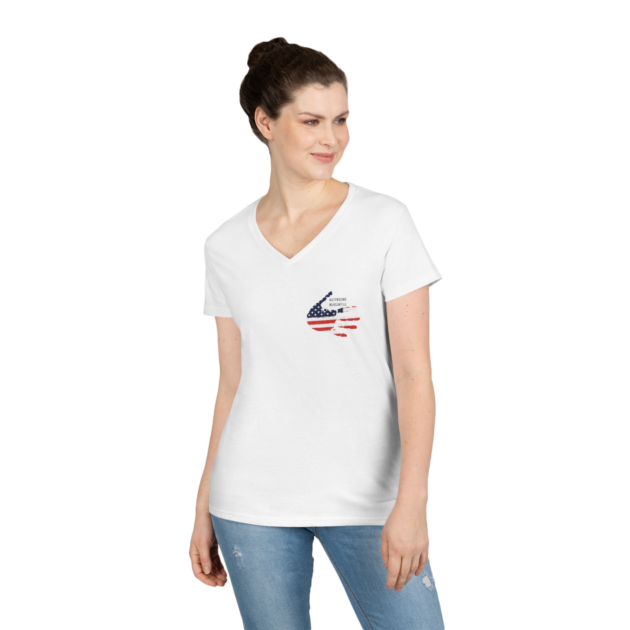 Women's V-Neck Tee - Small American Flag Hand Graphic, Patriotic Fourth of July Shirt