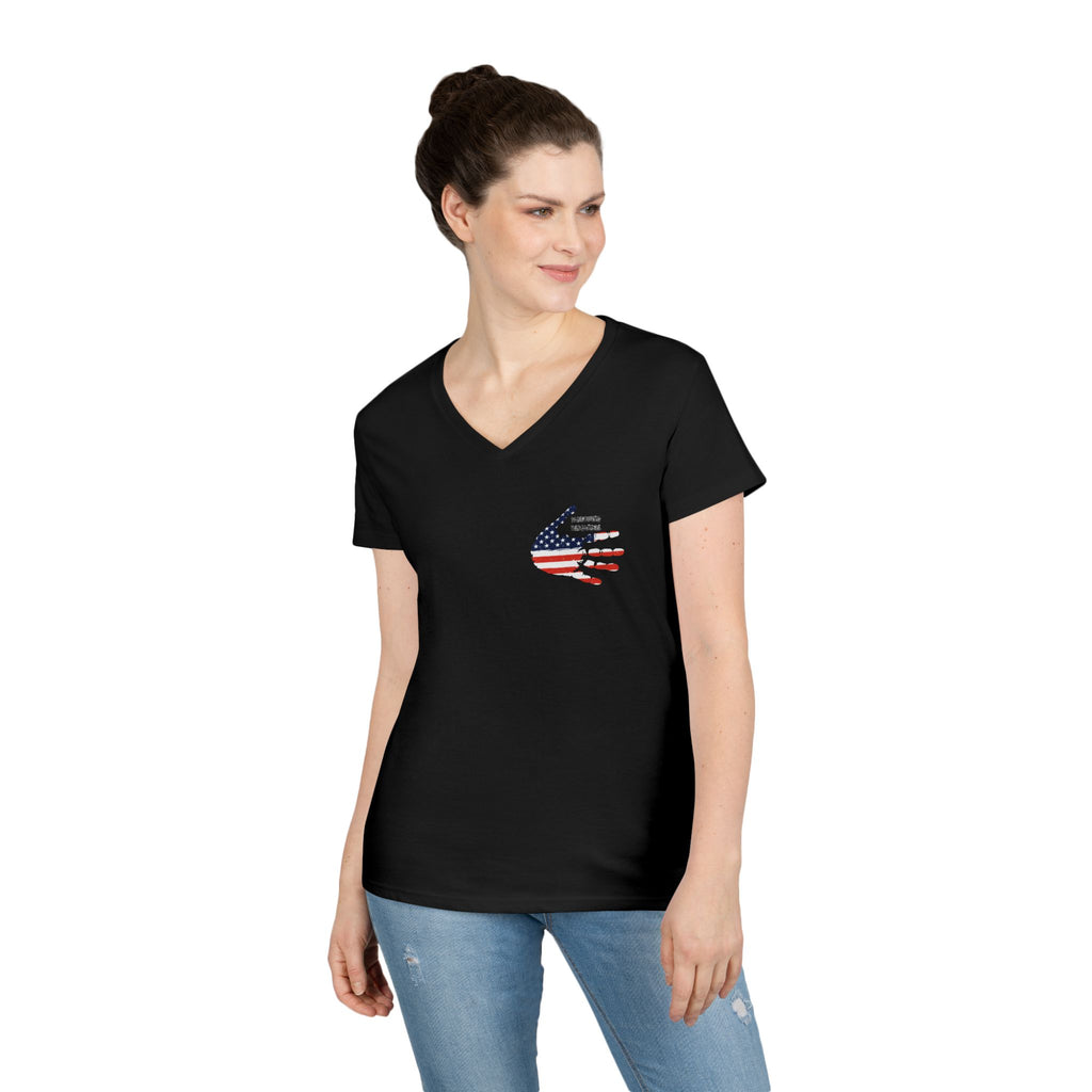 Women's V-Neck Tee - Small American Flag Hand Graphic, Patriotic Fourth of July Shirt