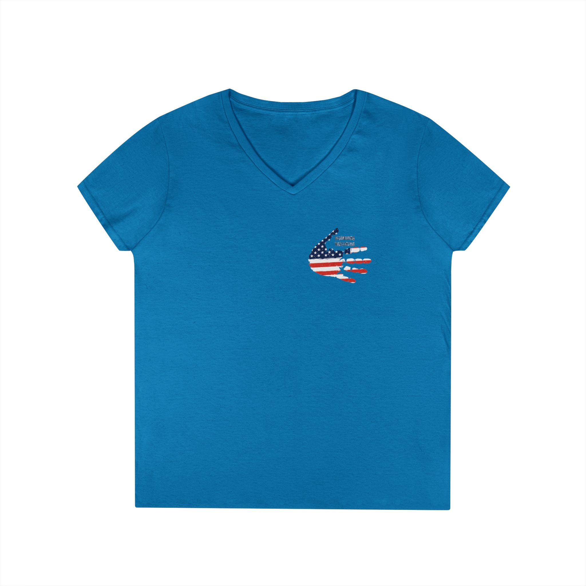 Women's V-Neck Tee - Small American Flag Hand Graphic, Patriotic Fourth of July Shirt