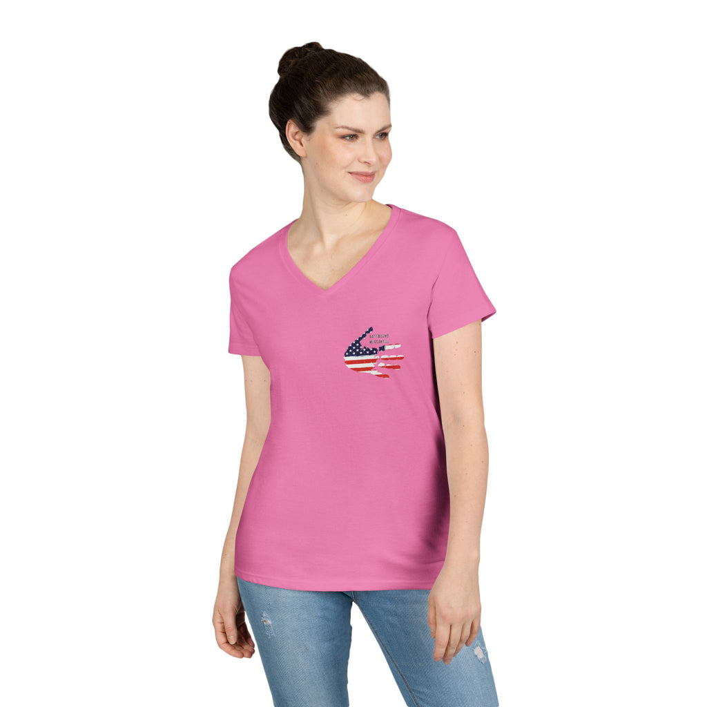 Women's V-Neck Tee - Small American Flag Hand Graphic, Patriotic Fourth of July Shirt