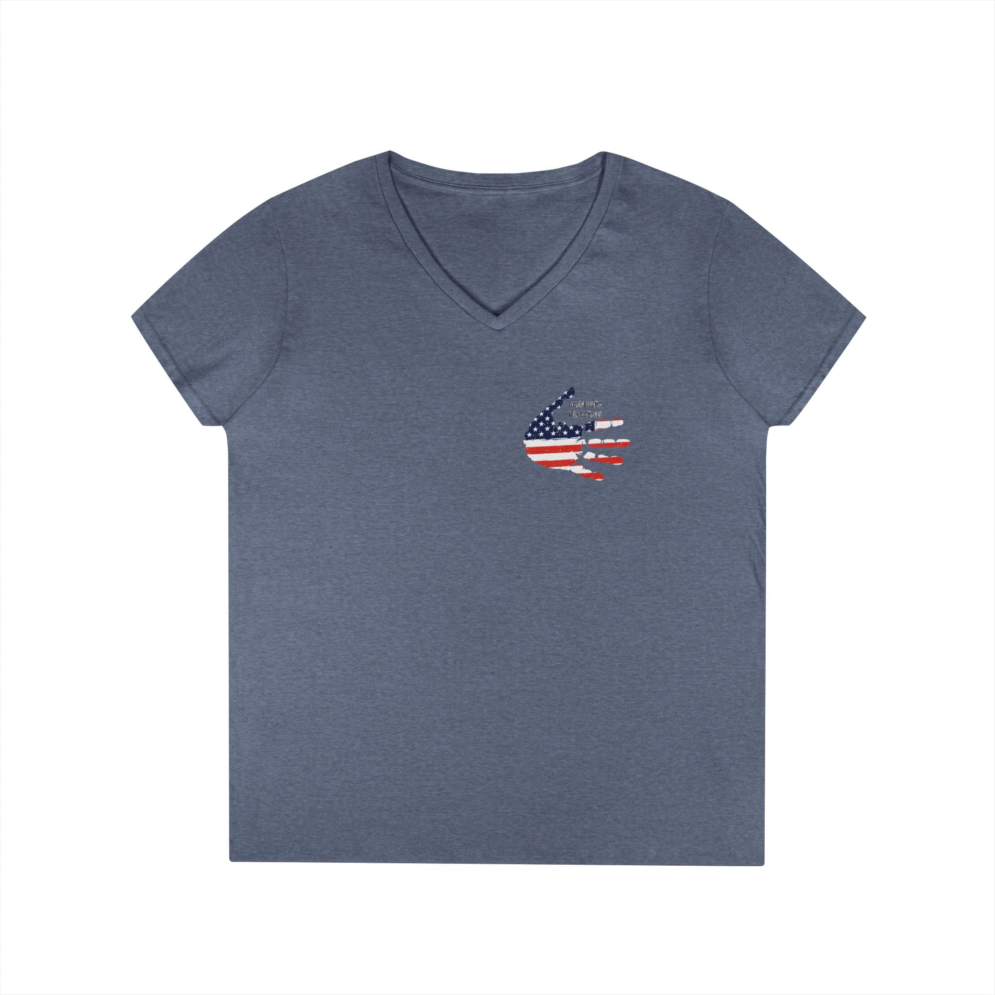 Women's V-Neck Tee - Small American Flag Hand Graphic, Patriotic Fourth of July Shirt