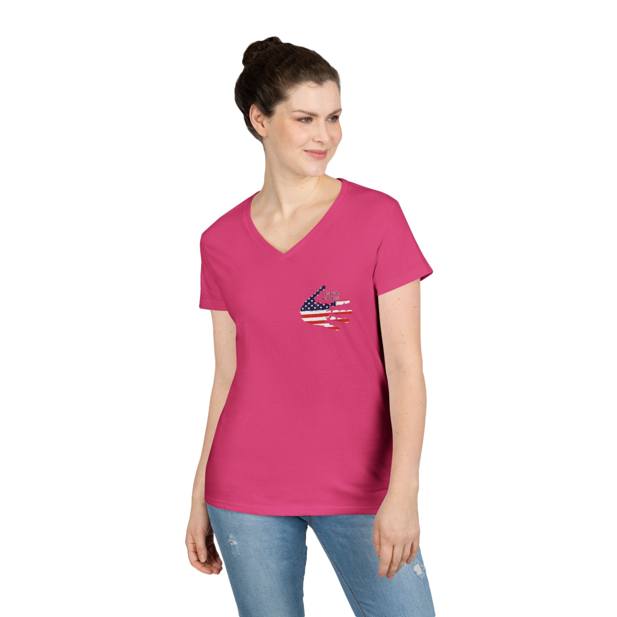 Women's V-Neck Tee - Small American Flag Hand Graphic, Patriotic Fourth of July Shirt