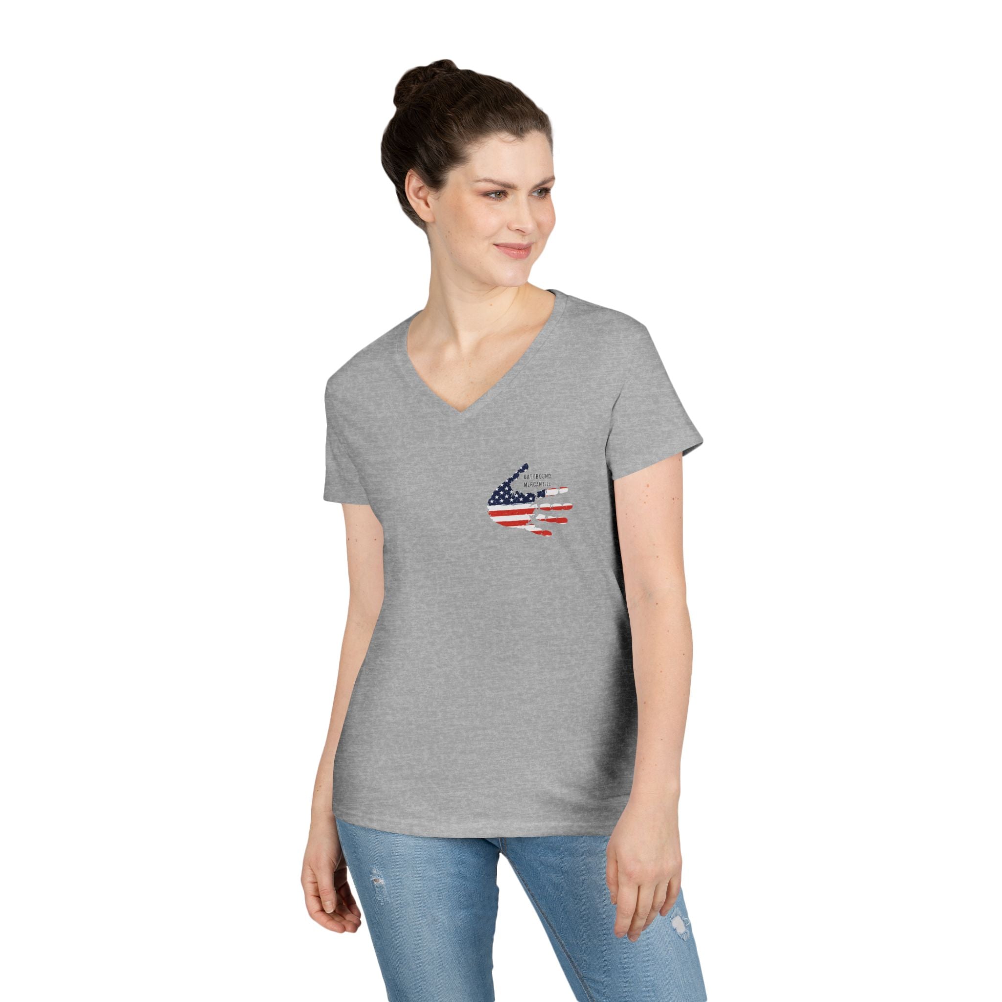 Women's V-Neck Tee - Small American Flag Hand Graphic, Patriotic Fourth of July Shirt