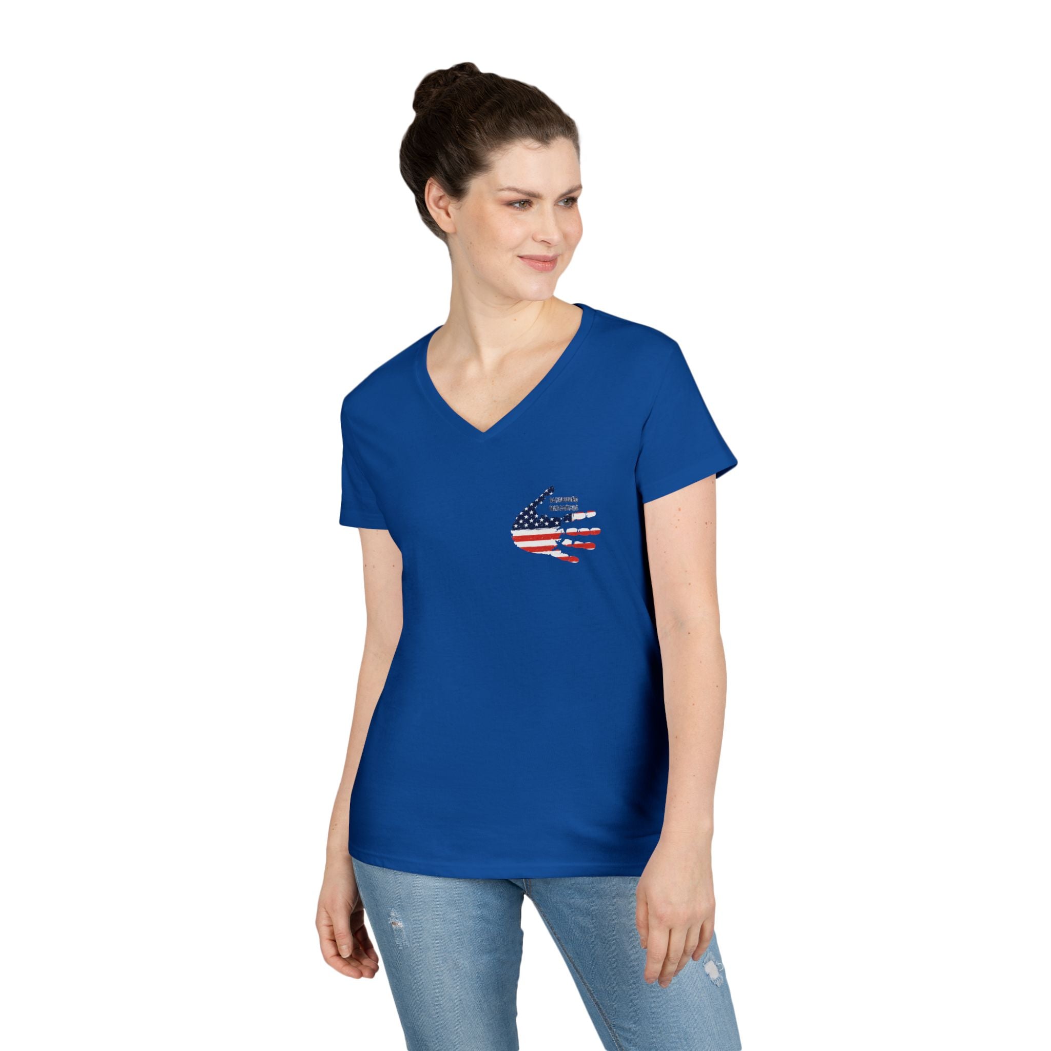 Women's V-Neck Tee - Small American Flag Hand Graphic, Patriotic Fourth of July Shirt