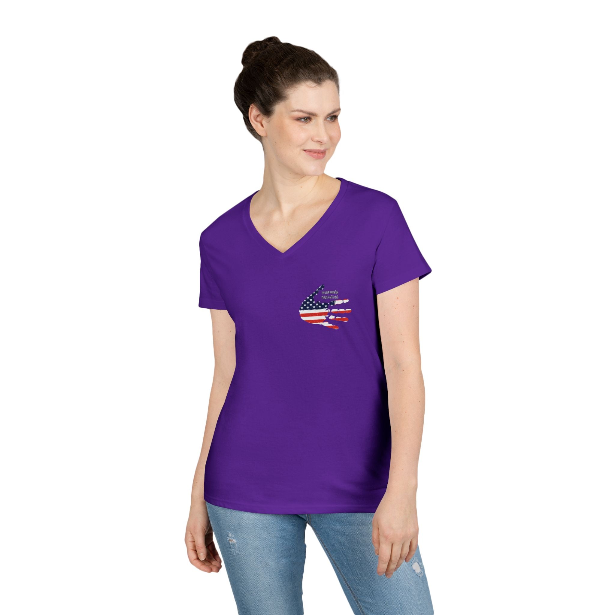 Women's V-Neck Tee - Small American Flag Hand Graphic, Patriotic Fourth of July Shirt