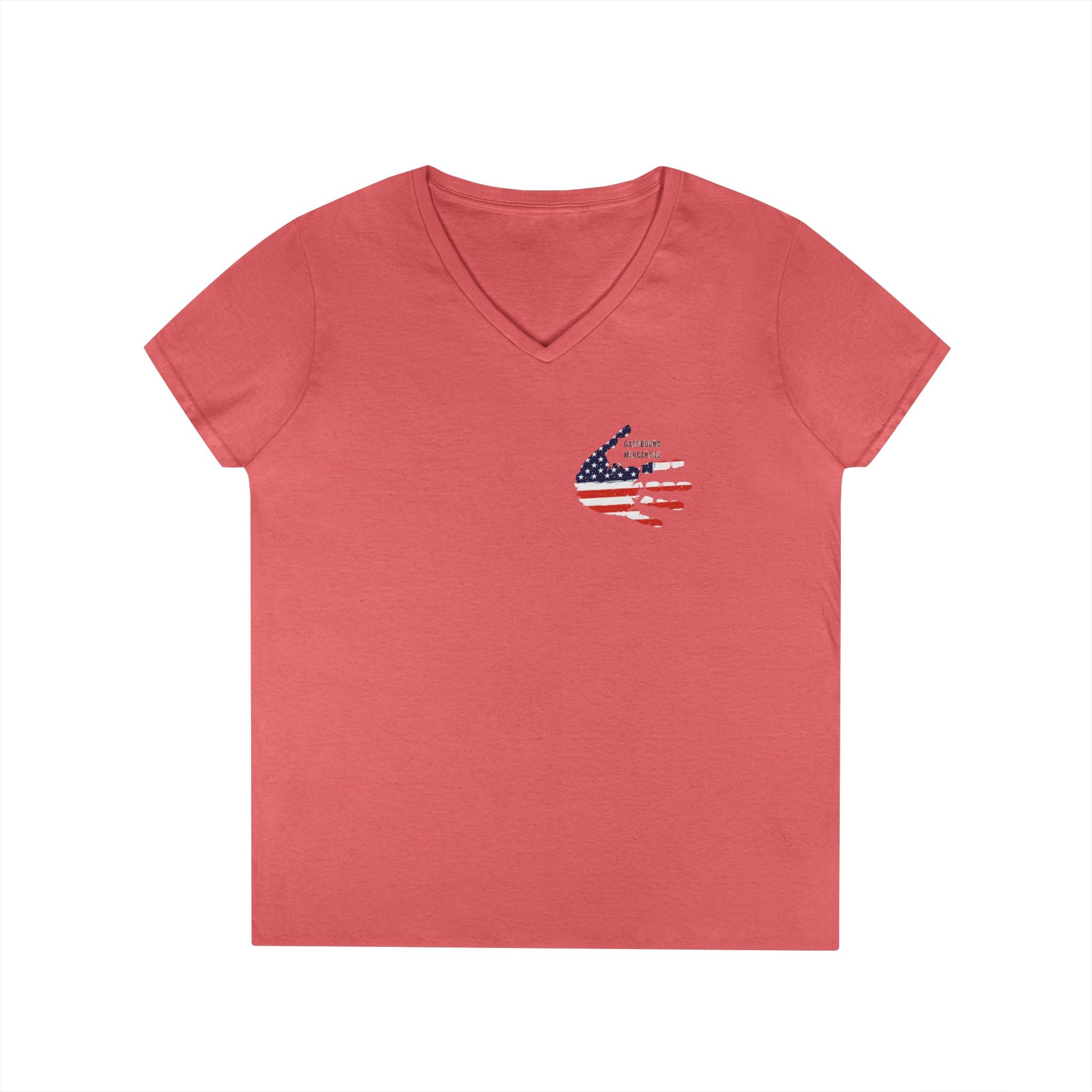 Women's V-Neck Tee - Small American Flag Hand Graphic, Patriotic Fourth of July Shirt