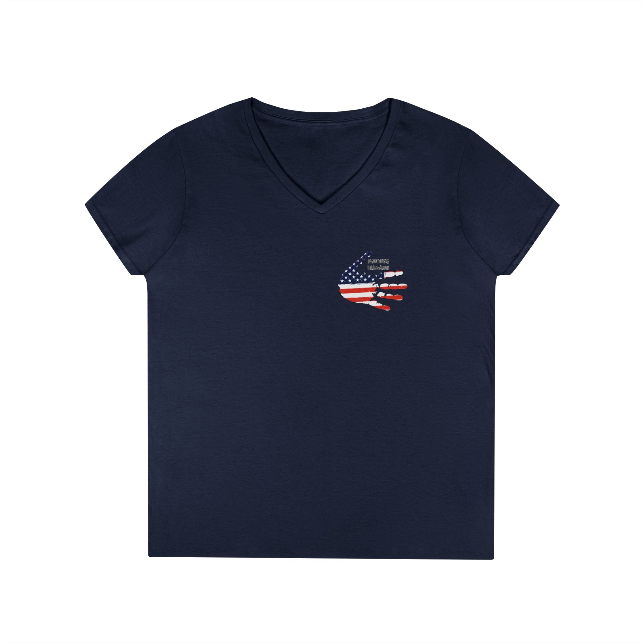 Women's V-Neck Tee - Small American Flag Hand Graphic, Patriotic Fourth of July Shirt