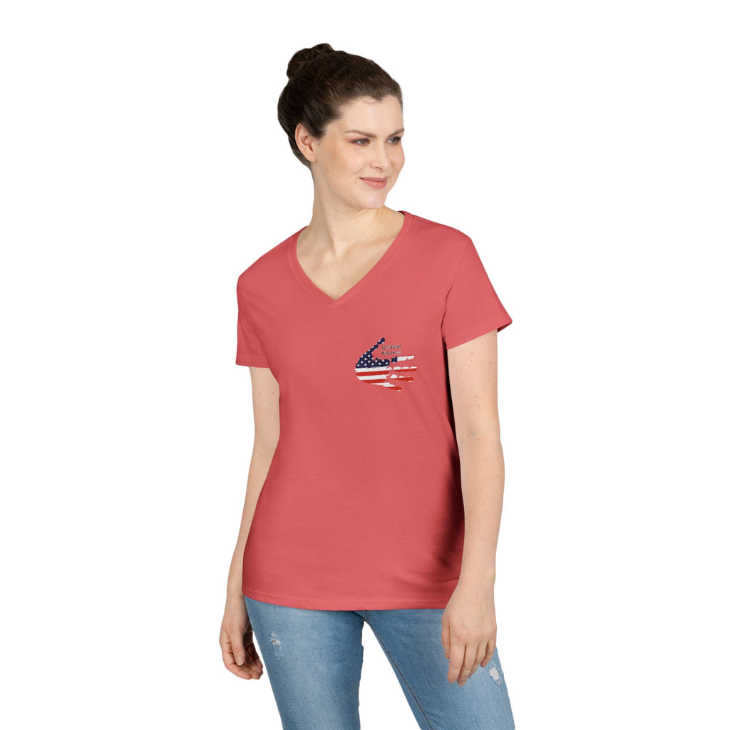 Women's V-Neck Tee - Small American Flag Hand Graphic, Patriotic Fourth of July Shirt