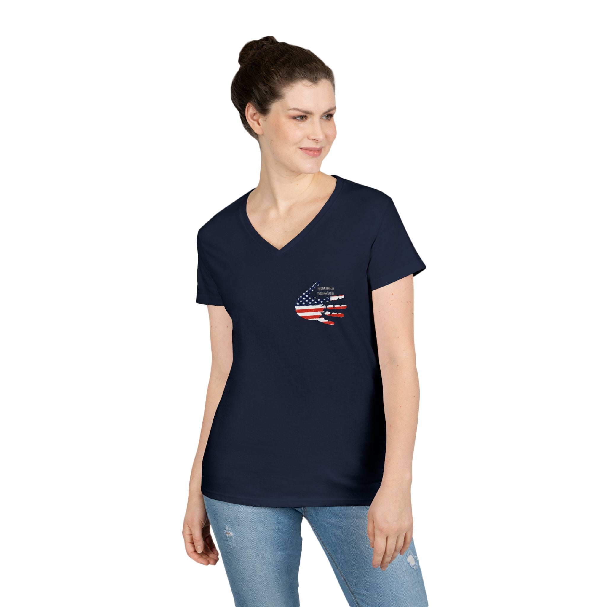 Women's V-Neck Tee - Small American Flag Hand Graphic, Patriotic Fourth of July Shirt